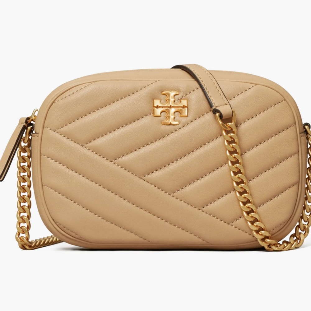 Tory Burch Tan Crossbody Bag with Quilted Design and Gold Chain Strap